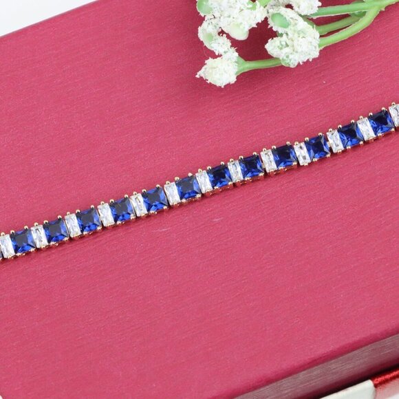 "Rose Gold Tennis Bracelet with Blue & White CZ, Elegant Sparkle Look, XPBL0741 - Picture 5 of 12